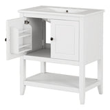 English Elm 30" White Modern Sleek Bathroom Vanity Elegant Ceramic Sink With Solid Wood Frame Open Style Shelf & Door Shelf Design