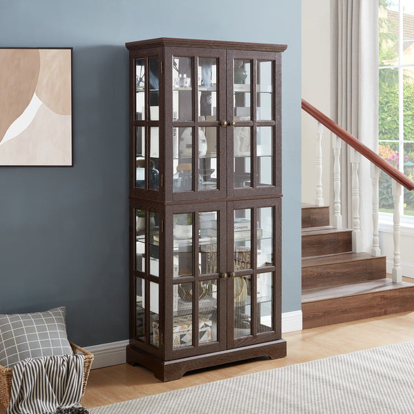 English Elm Curio Clear Glass Display Cabinet with Lattice Doors, Adjustable Shelves, E26 Bulb Included, Vintage Chic Cherry W2275P231688