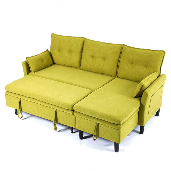 English Elm L-Shaped Reversible Chaise Sectional Sofa with Storage and Fold-Out Bed Cotton-Linen Modern Design Green W3371S00026