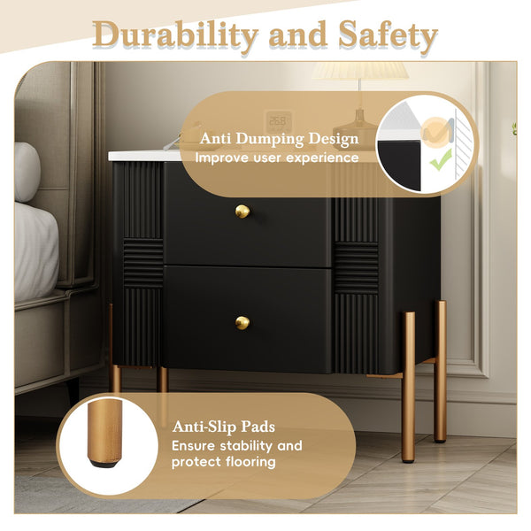 English Elm Christopher Knight Home® - Modern Fluted Nightstand with Two Drawers and Gold Legs, Sleek Textured Bedside Table for Stylish Storage and Easy Cleaning Black 23 L x 18 W x 18 H N761P285710B