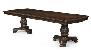 English Elm Formal Grand Rectangular Dining Table 72"-108" Extendable Solid Wood Double Pedestal Carved Finish B2741S00512