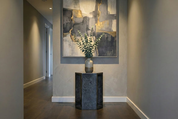 English Elm Genuine Solid Marble Hexagonal Pedestal End Table Polished Stone for Modern Living Dark Gray W1696P408001
