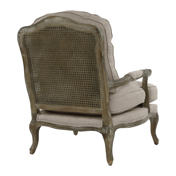 English Elm Formal Parlier Accent Chair — Carved Solid Wood Frame, Woven Rattan Back, Gray Weathered Finish, Plush Upholstery B011P255728