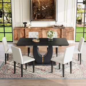 English Elm Black Wood Grain Mdf Dining Table Set Six Pu Leather Chairs Buckle Backrest Modern W1151S04472