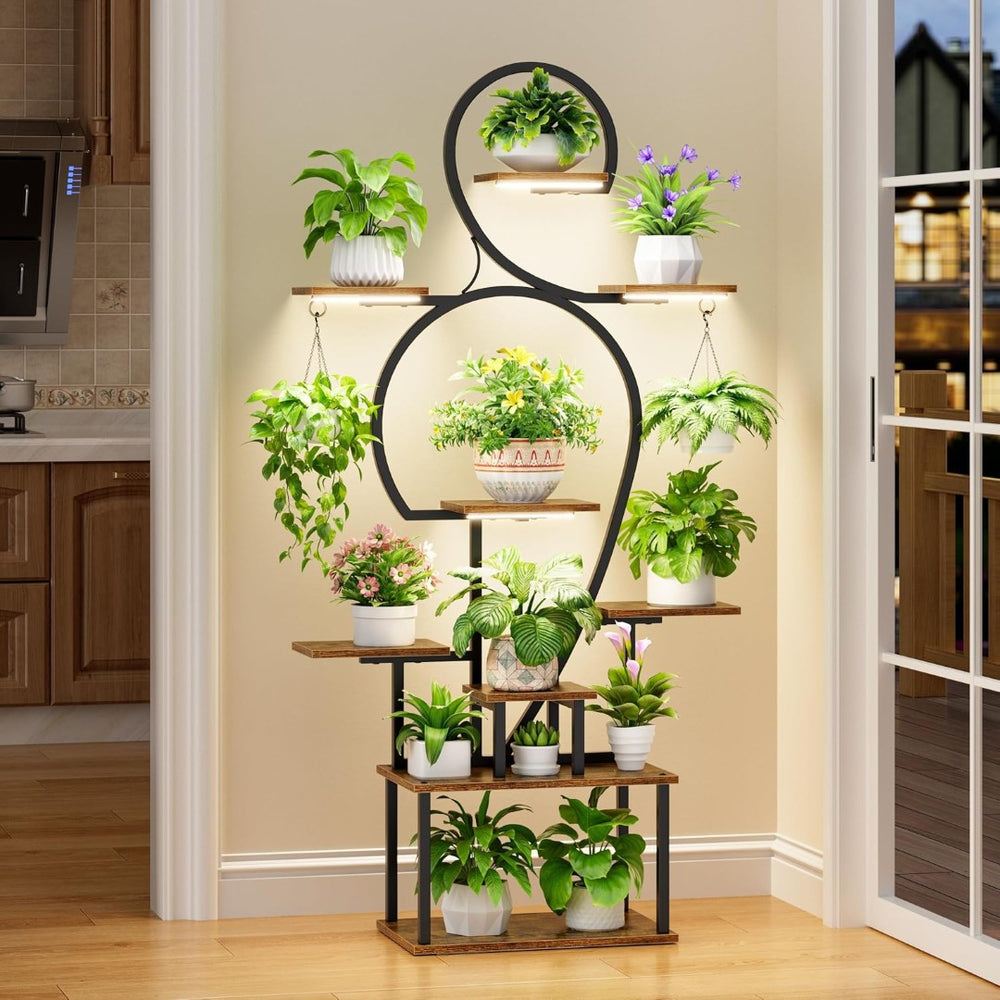 English Elm Plant Stand Indoor With Grow Light - 9-Tier Space-Saving Metal Shelf For Healthy Plant Growth W3101P314624-GIGA