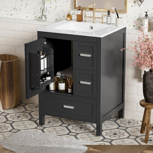 English Elm Modern 24 Inch Bathroom Vanity Solid Wood Cabinet with Ceramic Sink and Soft Close Storage Black N729P292859B