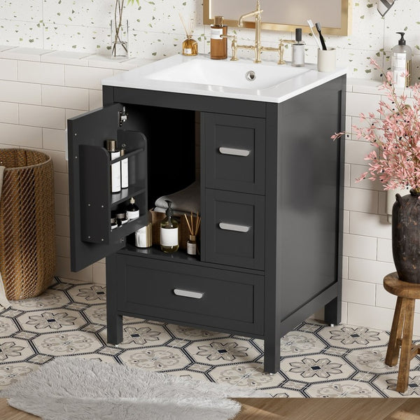English Elm Modern 24 Inch Bathroom Vanity Solid Wood Cabinet with Ceramic Sink and Soft Close Storage Black N729P292859B