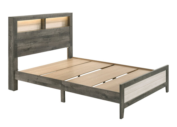 English Elm 1pc Queen Size Platform Storage Bed with Plank Headboard and Built-In Lighting, Modern Farmhouse Design Beige,Gray 66.9 L x 30.7 W x 11.25 H B2741P343797