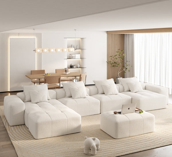 English Elm Modern Modular Sectional Sofa - Luxurious Chenille Fabric, 8 Pillows, No Assembly Needed, Beige/White W1885S00069