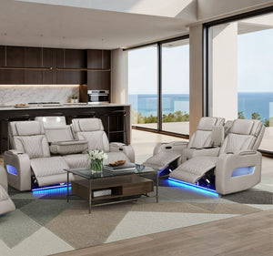 English Elm Jazmina Power Reclining Sofa Loveseat Set with Led Lighting and Bluetooth Speakers White B2749S00347