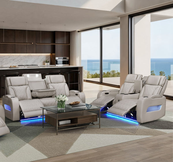 English Elm Jazmina Power Reclining Sofa Loveseat Set with Led Lighting and Bluetooth Speakers White B2749S00347