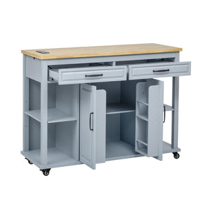 English Elm K&k Farmhouse Kitchen Island Extendable Table Rubber Wood Veneer Built-in Charging Storage Grey+Blue N707S215327G