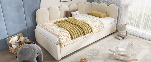 English Elm Upholstered Twin Daybed with Pull-Out Trundle, Velvet Upholstery, Metal Slatted Frame, 300lb Capacity Beige AA20362122B