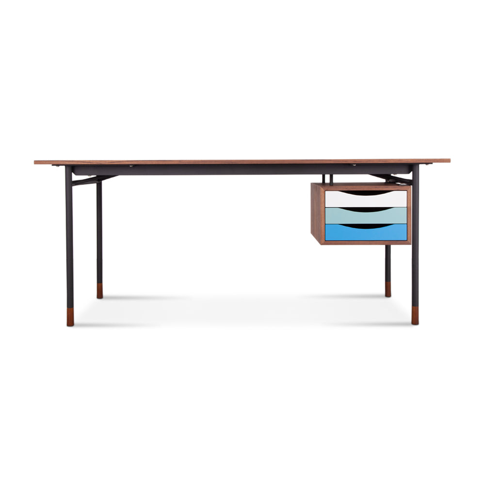 English Elm Finn Nyhavn Desk Blue Variant — Elegant Solid Walnut & Lacquered Drawers with Black Stainless Legs, Compact 31" x 18" x 34" B353S00003