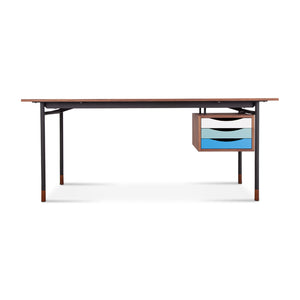 English Elm Finn Nyhavn Desk Blue Variant — Elegant Solid Walnut & Lacquered Drawers with Black Stainless Legs, Compact 31" x 18" x 34" B353S00003