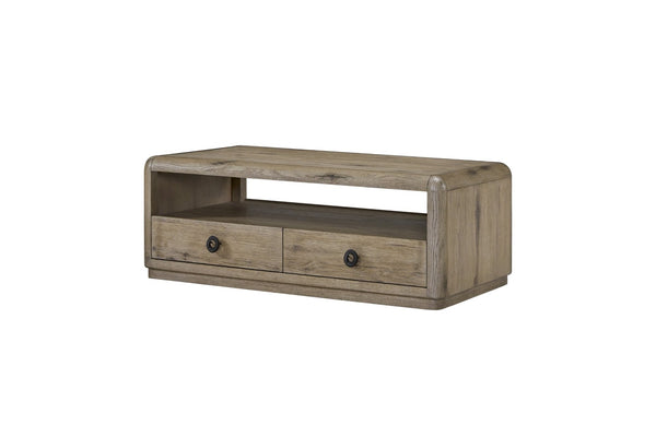 English Elm English Knotty Oak Veneer Cocktail Table with Two Drawers and Open Shelf Storage B2699P424780