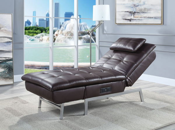 English Elm Padilla Brown Faux Leather Chaise Lounge with Pillow & Built-In USB, 6" Foam Seat, Modern KD Legs B2726P255328