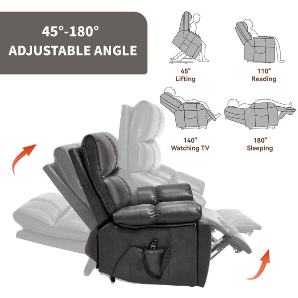 English Elm Dark Grey Leatheraire Power Lift Recliner Dual Motor Massage Heat Heavy Duty W1803P340317