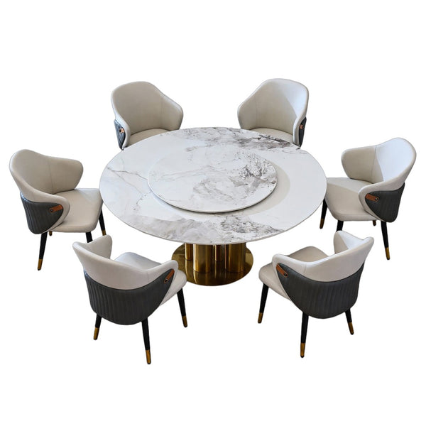 English Elm 59" Round Sintered Stone Dining Table with Lazy Susan Seats 6 Modern Faux Marble W2699S00095