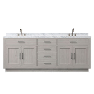 English Elm White Oak Double Bath Vanity 84" W X 22" D, Elegant Carrara Marble Top & Chrome Faucet Set Included B2731P257882-GIGA