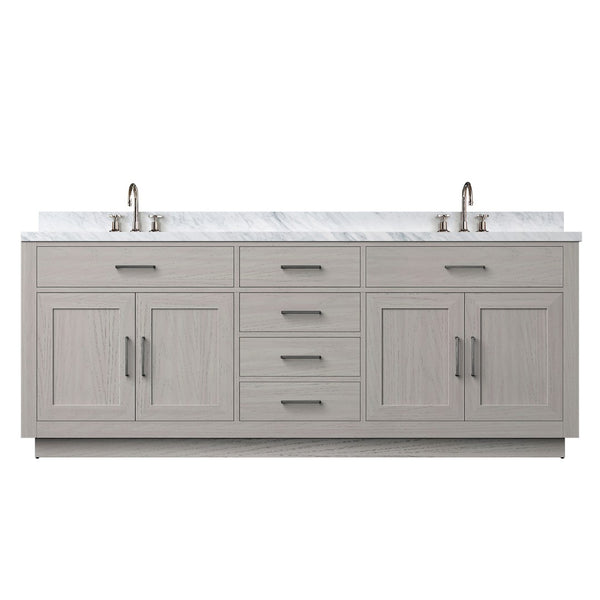 English Elm White Oak Double Bath Vanity 84" W X 22" D, Elegant Carrara Marble Top & Chrome Faucet Set Included B2731P257882-GIGA