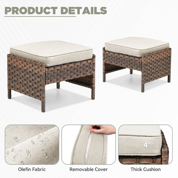 English Elm Outdoor Handwoven Pe Wicker Ottoman Set Rust Resistant Patio Footrests with Cushions Beige T3773P417376