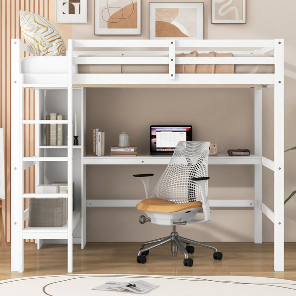 English Elm Full Size Loft Bed With Under-Bed Desk & Multifunction Shelves - Space-Saving White Design For Teens N7090005004K