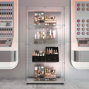 English Elm Tempered Glass Display Cabinet With Bluetooth Led Strip, Swivel Casters & Mobile App Control, White W3155S00004-GIGA