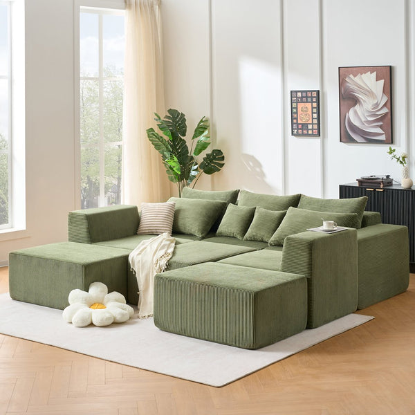 English Elm 8-Piece Modular U-Shaped Sectional Sofa in Green Corduroy — Oversized Chaise, Convert to Bed, No Assembly W3163S00050
