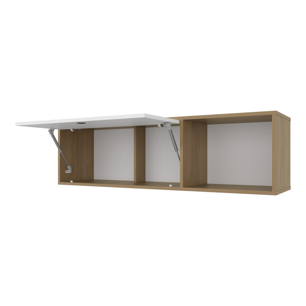 English Elm Roslyn Wall-Mounted Cabinet with Lift-Up Door and Open Shelf — Natural Oak & White Modern Storage B128P287526