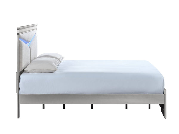 English Elm Lorana Queen Upholstered Bed Plush Teddy Fabric Headboard with Built-in Led Ambient Glow Silver B078S00661