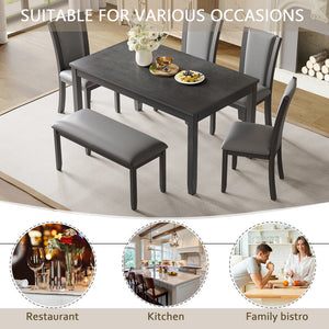 English Elm 6-Piece Modern Dining Table Set For 6 - Stylish Grey Wooden Table, Bench & Upholstered Chairs W1998S00066
