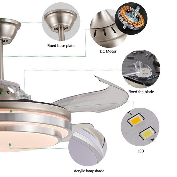 English Elm 42 Modern 3-Tier LED Ceiling Fan with Remote, Retractable Blades, 6-Speed DC Motor, Brushed Nickel Finish W1340P272388