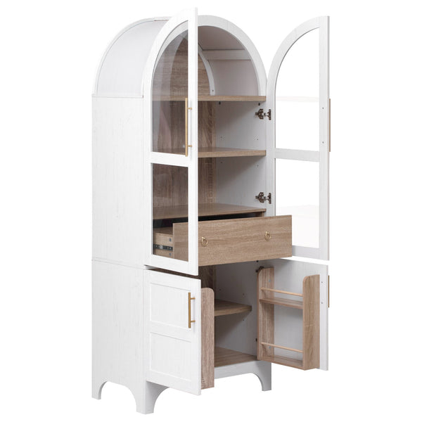 English Elm K&K Arched 71" Kitchen Pantry Cabinet with Glass Doors, Brass Handles, Adjustable Shelves & Drawer White N707P288969W