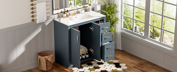 English Elm 36'' Bathroom Vanity with Ceramic Sink Combo Solid Wood Frame Soft-Closing Drawers Ample Storage Elegance Blue N710P243327C