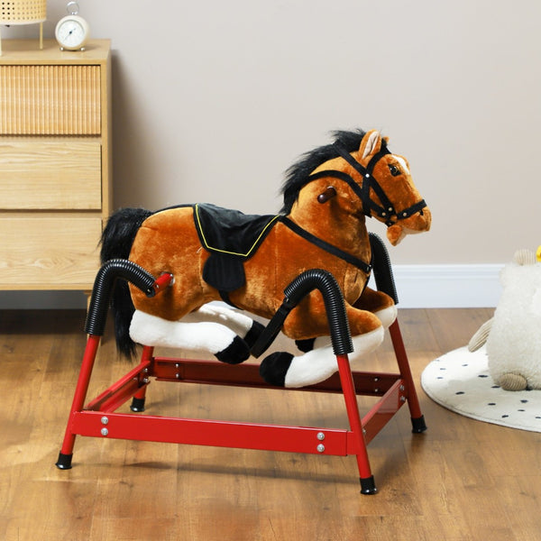 English Elm Qaba Plush Spring Rocking Horse with Sounds Stirrups and Saddle for Kids Brown W2225P249744