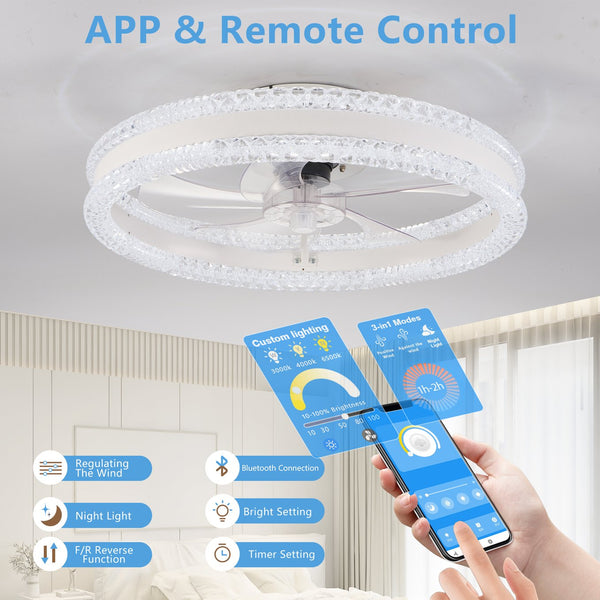 English Elm 20" Luxury Double Ring LED Ceiling Fan with Crystal Flush Mount, Hidden Blades, Dimmable Remote & App Control White W2312P368711