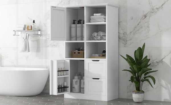 English Elm Bathroom Tall Storage Cabinet with Doors, 2 Drawers, Adjustable Shelf, Anti-Tip, MDF White, Sleek Handles WF530559AAK