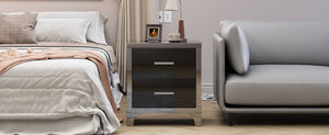 English Elm High Gloss Mirrored 2 Drawer Nightstand Slim Metal Legs Modern Bedroom Side Table Black W5271P416537