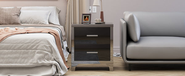 English Elm High Gloss Mirrored 2 Drawer Nightstand Slim Metal Legs Modern Bedroom Side Table Black W5271P416537