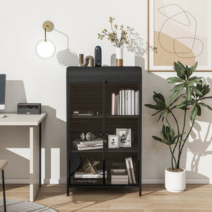 English Elm 47.6" Metal Storage Cabinet Antique Black with Tempered Glass Doors Flip-Top 4-Tier Display Buffet W3122P272697