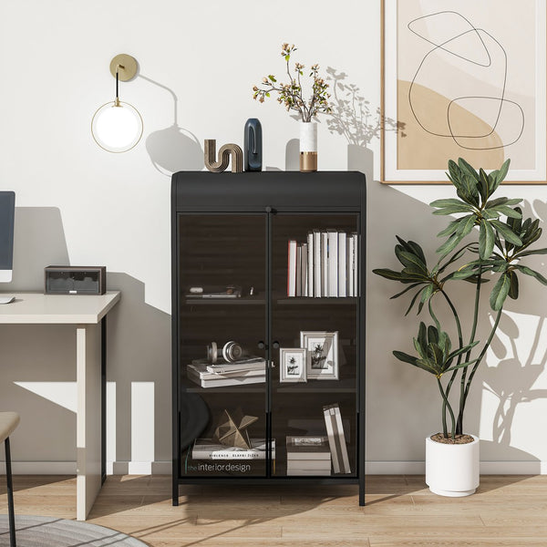 English Elm 47.6" Metal Storage Cabinet Antique Black with Tempered Glass Doors Flip-Top 4-Tier Display Buffet W3122P272697
