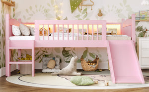 English Elm Twin Xl Solid Pine Loft Bed with Built-in Led Lighting and Storage Shelves Pink W1580S00365