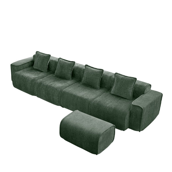 English Elm Streamlined Modular L-shaped Sectional Velvet Sofa with Ottoman and Tailored Piping Detail Green W3041S00369