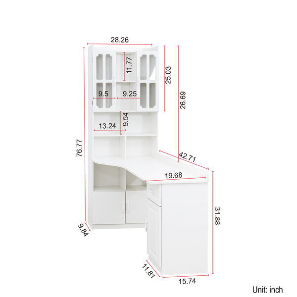 English Elm L-Shaped Corner Computer Desk with Hutch & Drawers, Space-Saving 2-in-1 Design and Ample Storage White W331S00169