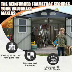 English Elm Outdoor Metal Storage Shed 8x8 Ft with Four Windows and Lockable Double Doors Dark Gray W1598S00041