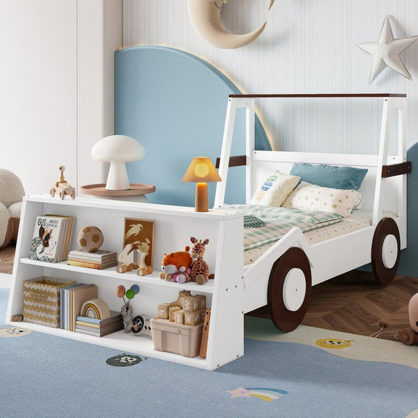 English Elm Twin Pine Treehouse Floor Bed with Padded Rails and Cabin Roofline for Kids Brown,Light White W1580S00471