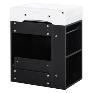 English Elm 20-Inch Compact Bathroom Vanity with Ceramic Sink, Wall-Mounted MDF Cabinet, Modern Space-Saver Design Black N725P314023B