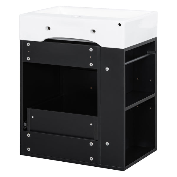 English Elm 20-Inch Compact Bathroom Vanity with Ceramic Sink, Wall-Mounted MDF Cabinet, Modern Space-Saver Design Black N725P314023B