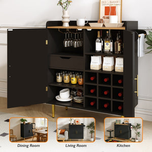 English Elm Modern Fluted Bar Cabinet with Wine Rack Glass Holders Adjustable Shelving and Hidden Drawer Black N728P438606B